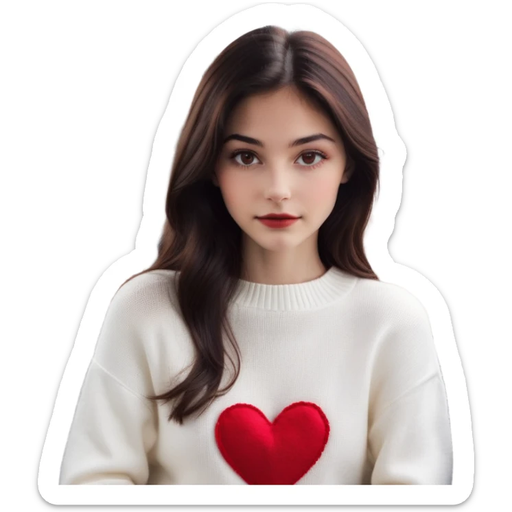 Ini foto seorang perempuan dengan rambut panjang berwarna coklat gelap, memakai sweater putih dengan detail hati merah di bagian bawah. Dia memiliki ekspresi wajah yang natural dan sedikit datar, dengan riasan minimal yang menonjolkan kecantikan alaminya. Pencahayaan dalam foto terlihat lembut, dan latar belakangnya menunjukkan bagian dalam mobil dengan suasana jalanan kota di luar jendela. Foto ini memiliki nuansa kasual dan estetik.
 sticker