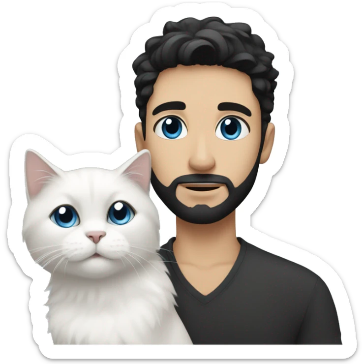 A guy with a black earing and black short hair and black beard and holding a all white Siberian cat with blue eyes  sticker
