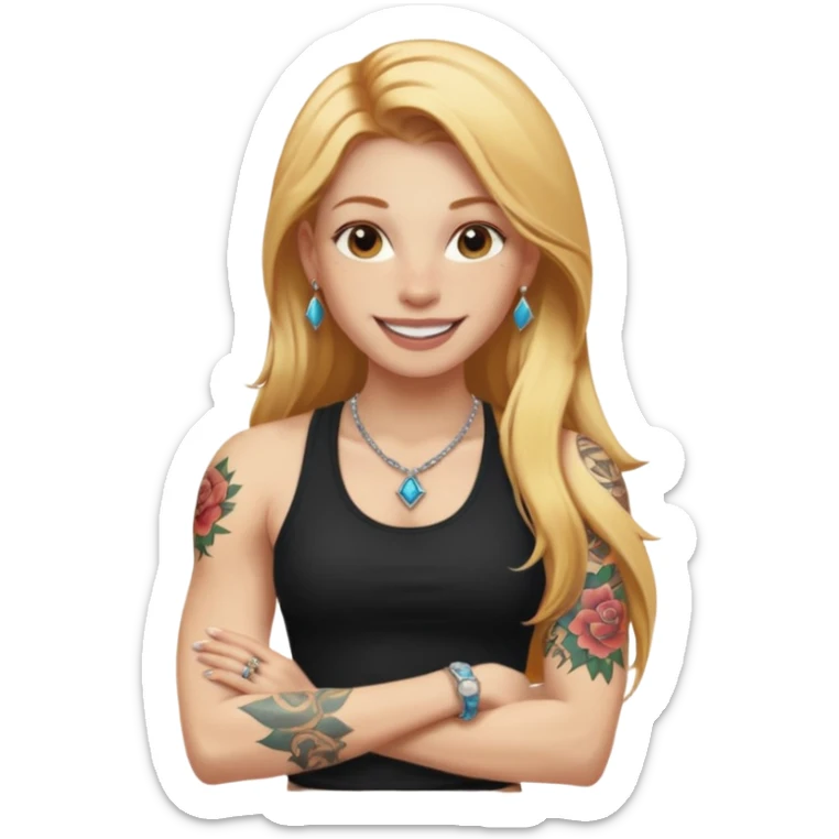 girl with long blonde hair and tattoos next to an athletic ginger girl jewelery sticker