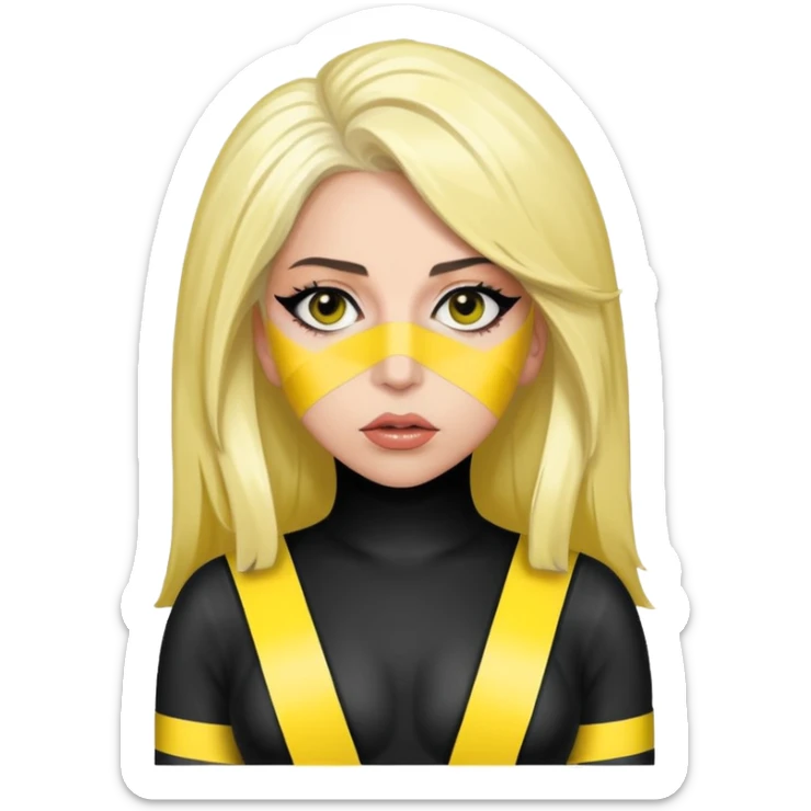 Lady Gaga in the Telephone video, black and yellow caution tape outfit, fierce expression, pop diva sticker