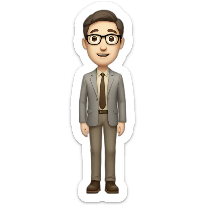 Full height Pale skinned Fit Man With dark brown hair in gray jacket, beige office shirt, tie, Brown pants and vintage glasses. Thrumbs of his palms directed up sticker