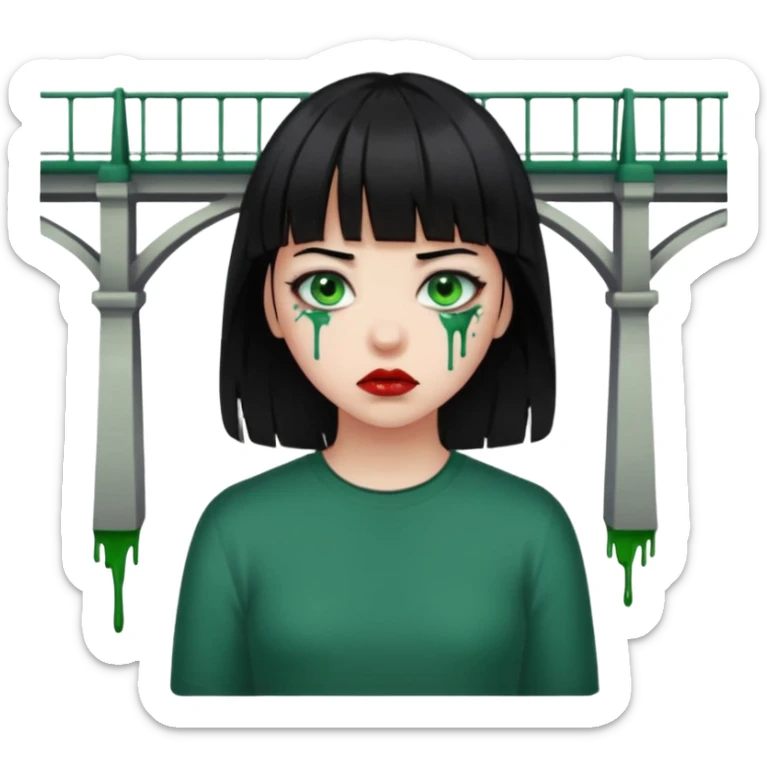 Guria com cabelo preto franjinha sangrando olhos verdes  fundo preto e um piercing bridgepiercing sticker