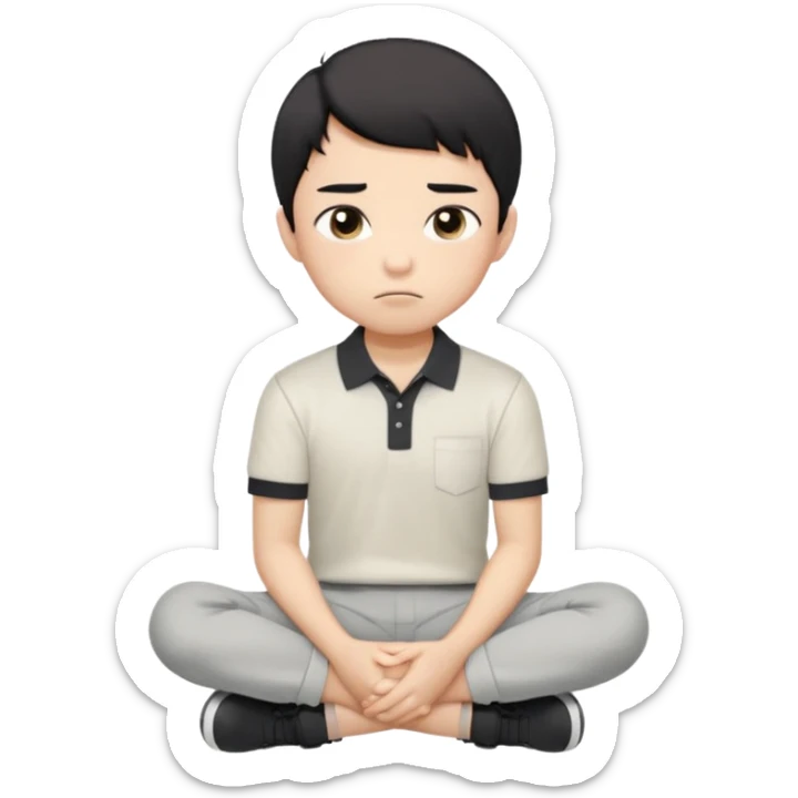 A cartoon young Asian boy with short black hair, light beige skin, and large expressive eyes, wearing a white polo shirt, gray pants, and black shoes. He sits cross-legged on the ground, one fist resting on his cheek, with a closed-mouth smirk. Clean lines, flat colors, solid black background. sticker