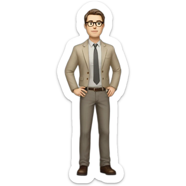 Full height Gesticulating Pale skinned fit man with dark brown hair in gray jacket, beige office shirt, brown tie, brown pants and vintage glasses. sticker