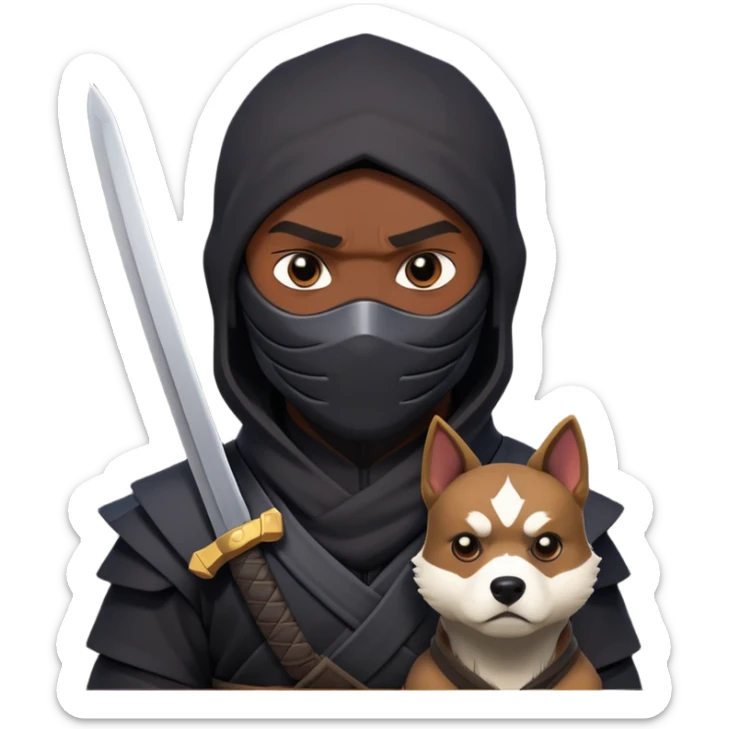 clash-of-clans-aesthetic_-cinematic-mysterious-male-ninja-portrait-emoji, rendered in a flat, vector-style with minimal shading and bold, simplified shapes,   with a head slightly turned revealing intense, focused eyes. the ninja is accompanied by a Ninken dog sticker