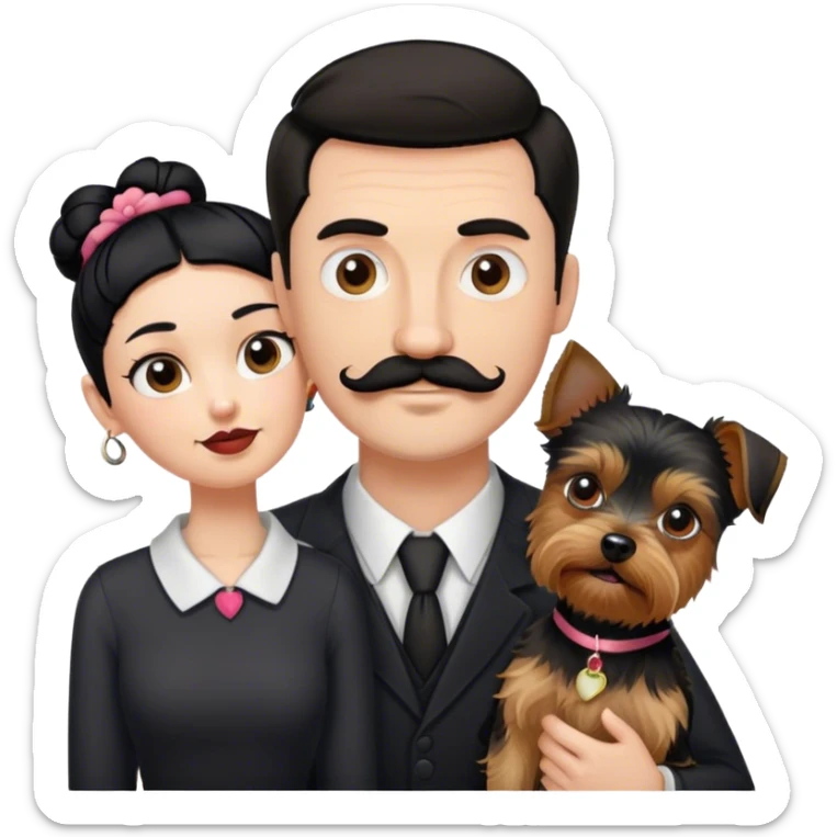 Tall pale guy with dark hair mustache goatee, and short woman with black hair bun, and a yorkshire terrier dog sticker