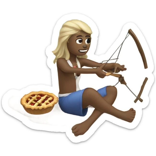 An emoji with a background of a New Zealand beach in summer with a pohutakawa tree and New Zealand native beach, there's a someone eating a pie on the beach holding a crossbow and arrow sticker