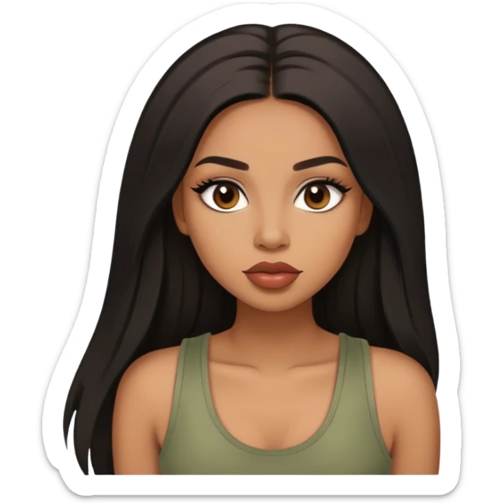 light brown skin tone, very beautiful woman, with big plump lips, long long lashes, black straight long hair, brown eyes, sage tank top sticker