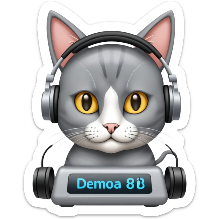 Gato persa gris con audífonos y detrás de él un cartel con el nombre PRIMERA 88.3FM sticker