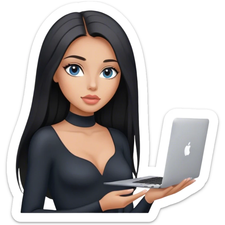 Glamours, tanned, very beautiful girl, with big pump peach-beige-rose lips, black straight smooth silky long hair, straight parting, blue-grey eyes, in black bodysuit holding MacBook sticker