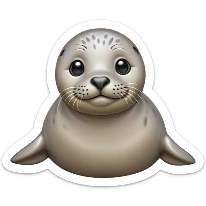 Cinematic Cute harbour seal Portrait Emoji, Head tilted playfully and inquisitively, featuring a charming, plump form with a sleek, shiny body and round, sparkling eyes full of gentle wonder, accented by a subtly contoured head, Simplified yet irresistibly adorable features, highly detailed, glowing with a warm, friendly oceanic glow, high shine, affectionate and lively, stylized with a touch of whimsical seaside charm, soft glowing outline, capturing the essence of a mischievous yet loving harbour seal that seems as if it could pop out of the screen into your arms! sticker