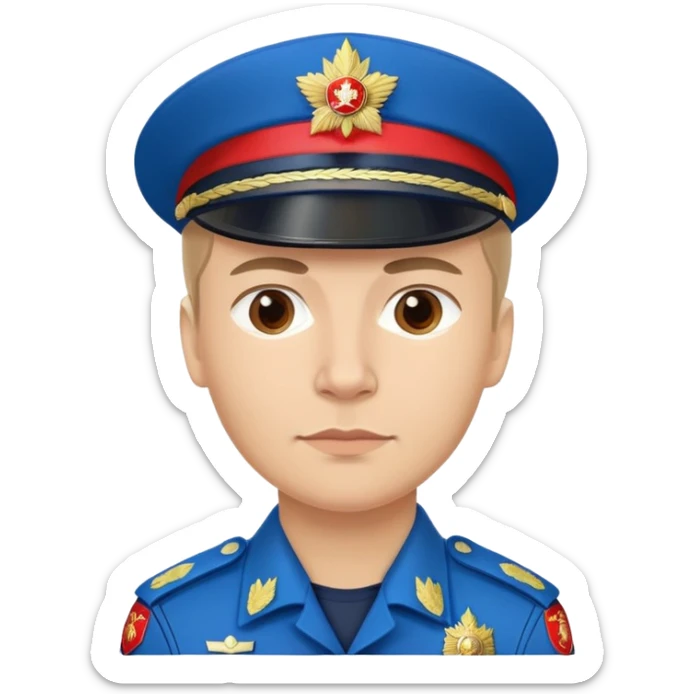 Russian police officer with blue uniform and traditional peaked cap with red band sticker