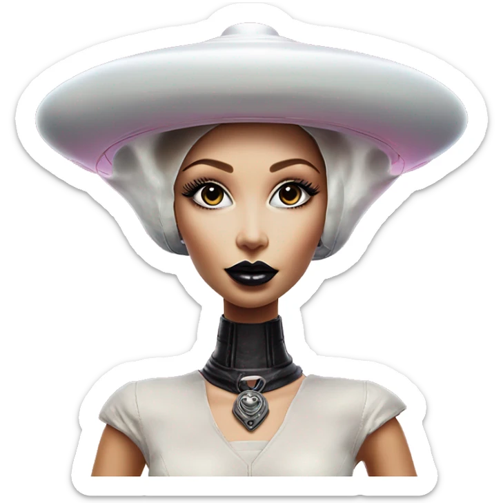 Wholesome UFO alien in Barbie style, oil paint, black eyes, intricate lips, masterpiece portrait, beautiful, desirable, logical, love, peace, understanding sticker