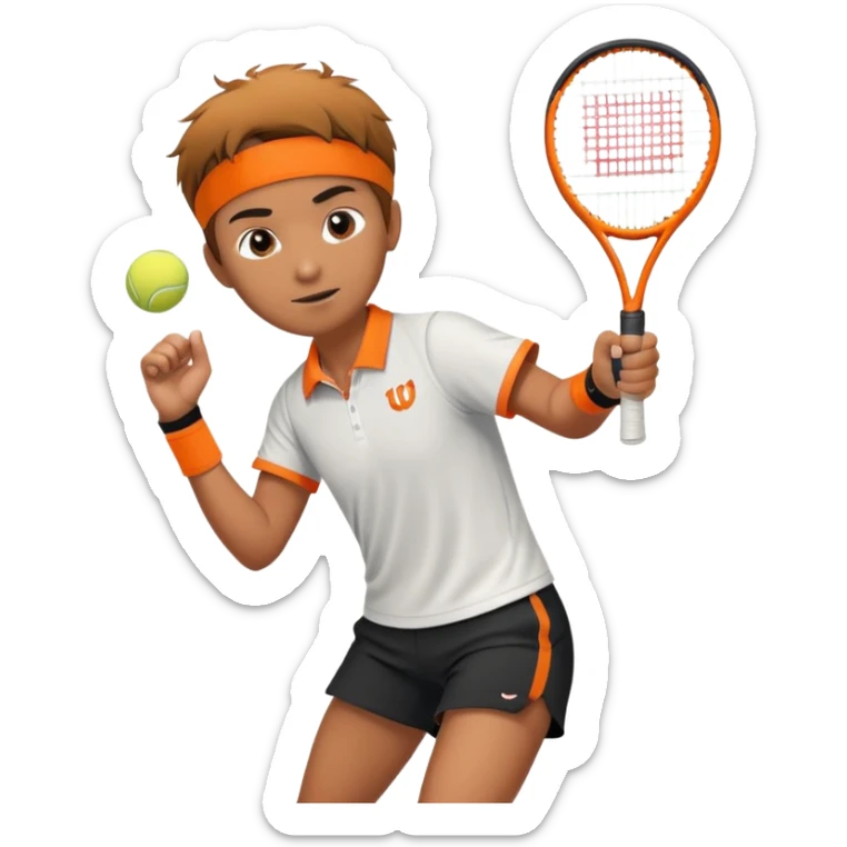 Tennista con racchetta arancione della wilson. Maniche corte e pantaloncini neri. Con polsino e ciuffo sui capelli sticker
