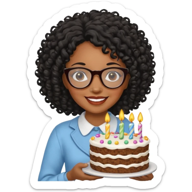 A Black woman with curly black hair and glasses holding a birthday cake sticker