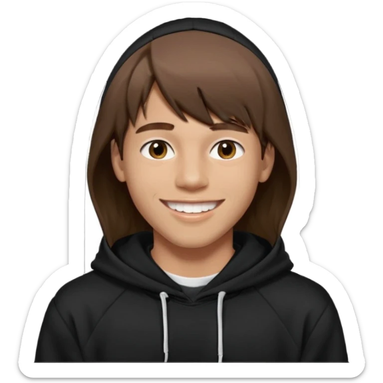 20 yr old man, brown hair, straight, big smile, white teeth, tanned skin, bangs, black hooded sweatshirt, long hair in back, center-parted bangs, big lips sticker