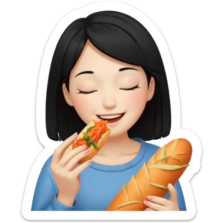 Girl black long hair eat kimchi close eyes baguette sticker