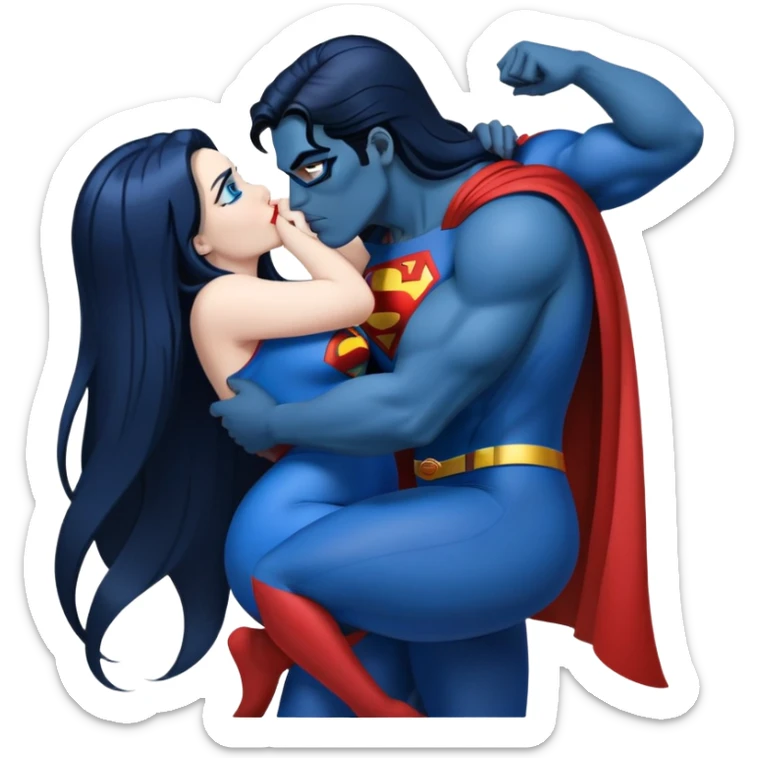 1girl,crazy drunk pose curvy dark blue {very long straight hair} blueeyes,fullbody,kissing  superman sticker