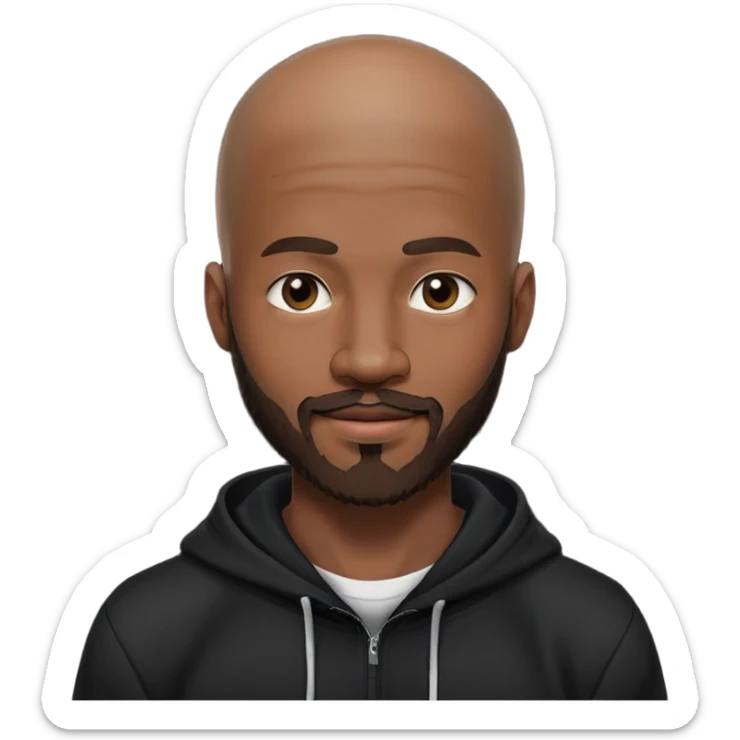 African yound man in his late 20s with a wink and  full short boxed beard and moutache , almost bald hair, black hoody sticker