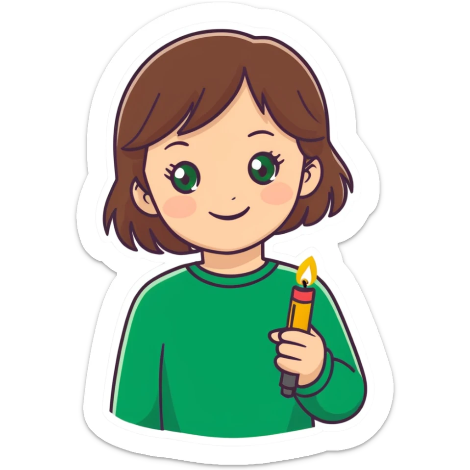 Very happy Girl with brown hair and green eyes with a lighter  sticker