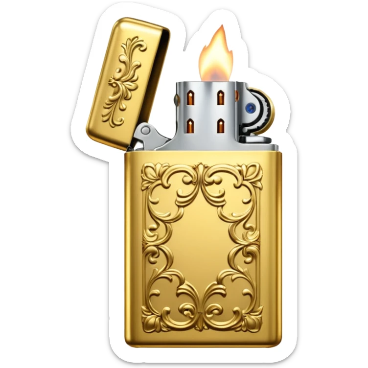 Vintage gold lighter from the Lighter and Princess drama, cinematic lighting, hyper-realistic sticker