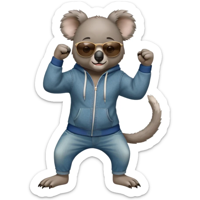 anthropomorphised koala, full body, wearing a hoodie and jeans, dark sunglasses, shaking fist in a different pose sticker