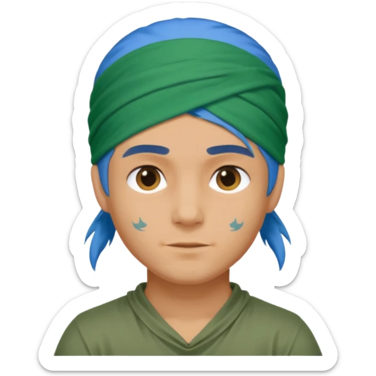 a man with half long blue hair, half short green hair and wearing head bandana sticker