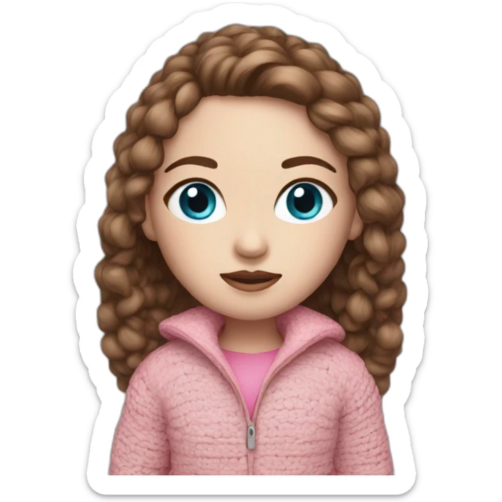 A girl with white skin, blue eyes, brown hair in a pink jacket, crochet sticker