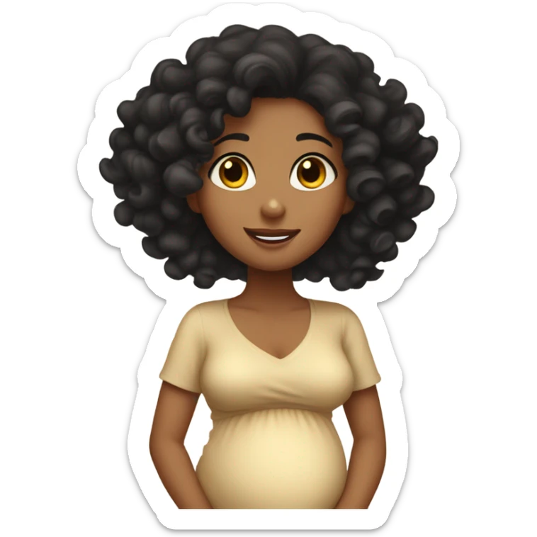 Girl with tan skin, pregnant, black curly hair waving hi sticker