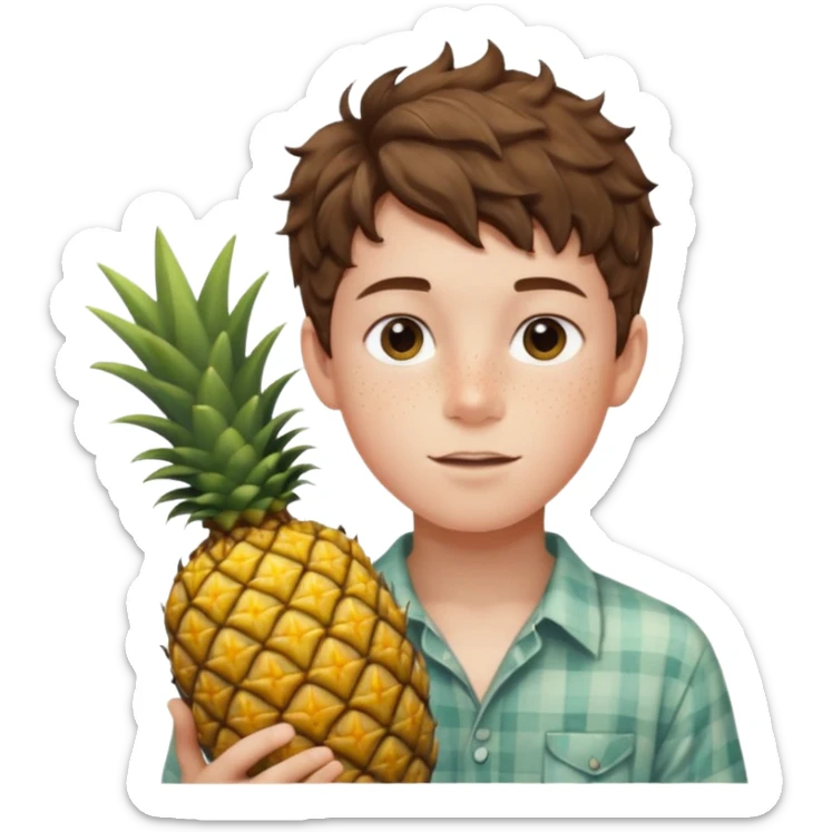 Pale young teenage boy with short wavy brown hair holding pineapple sticker
