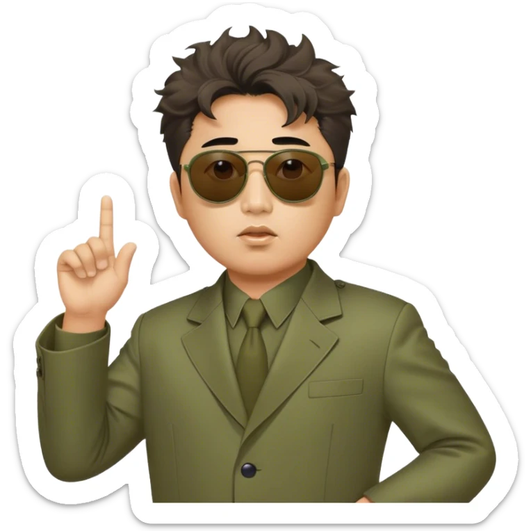 Messy haired Kim Jung Il directs a movie wearing olive mao suit and large sunglasses sticker
