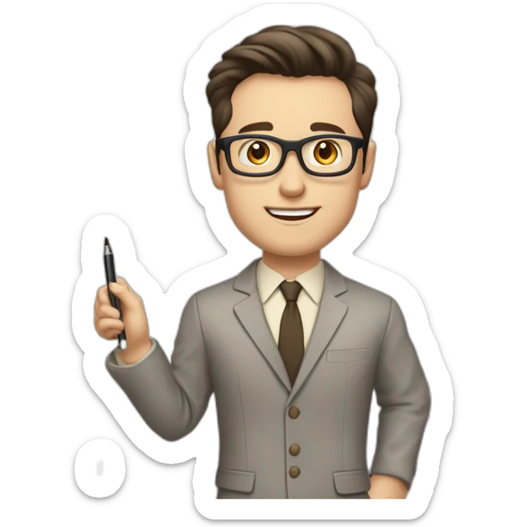 Pale skinned fit man with dark brown hair in gray jacket, beige office shirt, brown tie, brown pants and vintage glasses Writing on the marker board sticker