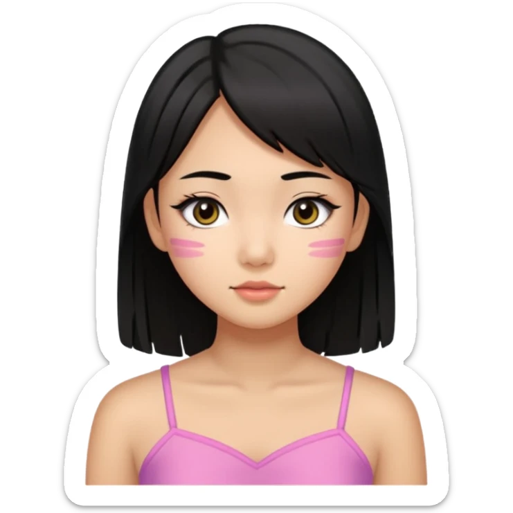 a tan chinese-american 15 year old girl with straight black hair down to her chest. mascara and a little blush. sticker