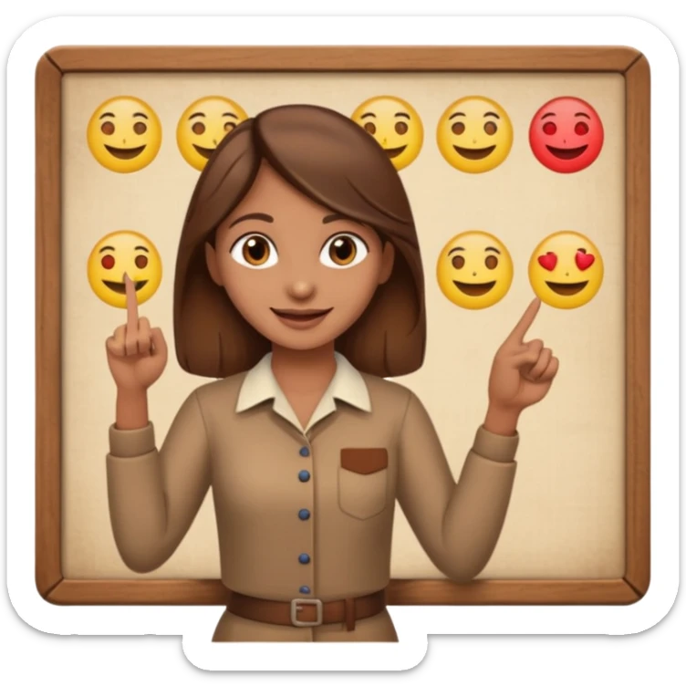 Make an emoji of a Indian origin but fair skinned girl with brown hair who is teaching how to make emojis on a board pointing to the board like a teacher sticker