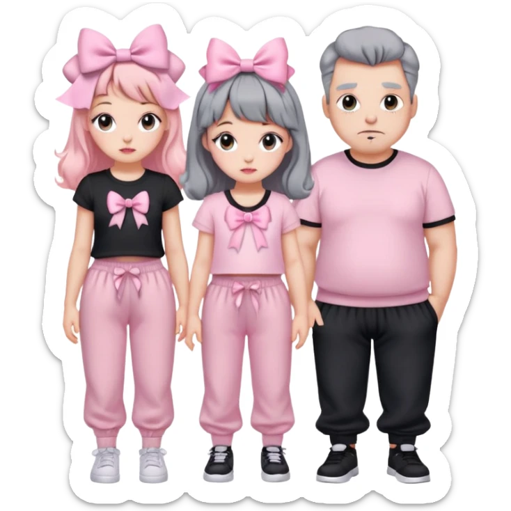 2 person, one girl wearing full pastel pink and lots of bows coquette vibe and cute face, one big buy wearing black pressing shirt and gray baggy sweatpants
 sticker