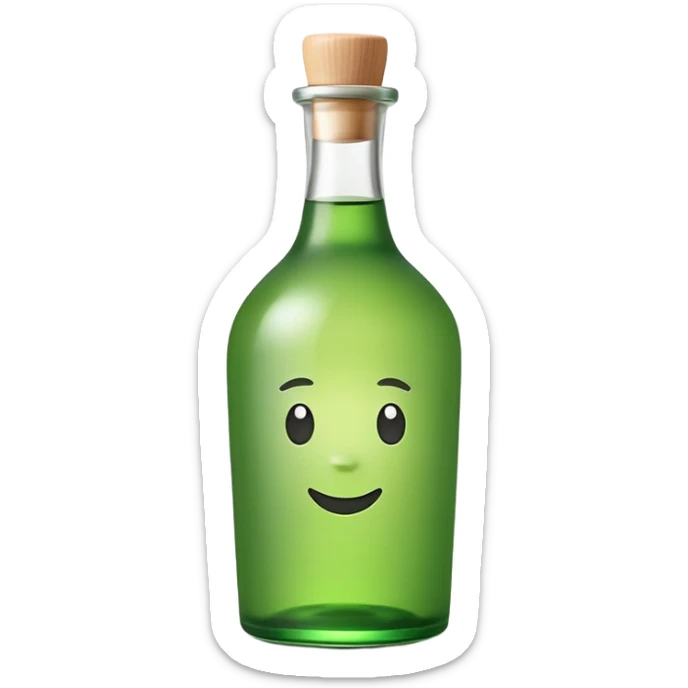 A clean, cute emoji-style green soju bottle, small Korean soju bottle with green glass, simple label in Korean style, minimal flat design, soft shading, centered, white or transparent background, high contrast, rounded friendly emoji look, 1:1 aspect ratio, app icon style sticker
