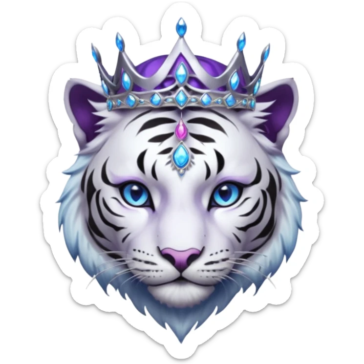 ESO Female white/black tiger khajiit leader of the umbral rose, glowing blue eyes, glowing blue 'third eye' gem; purple gemmed silver crown/tiara sticker