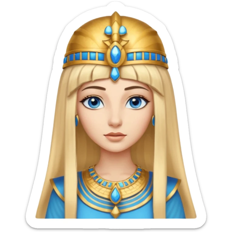 Cleopatra vestita da faraone con il cappello da faraone ma con gli occhi azzurri e i capelli lunghi biondi non troppo chiari con il cappello da faraone dorato senza frangia capelli lunghi  sticker