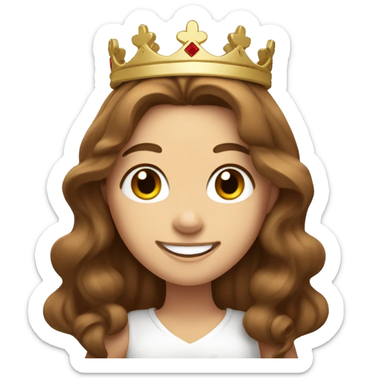 a white girl with brown wavy long hair, brown eyes and smiling wearing a crown, holding thumbs up sticker