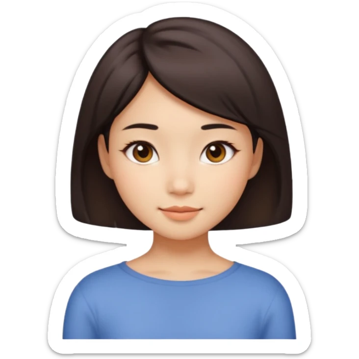 Girl with short shoulder level hair, dimple on the left corner of her chick and a Asian  sticker