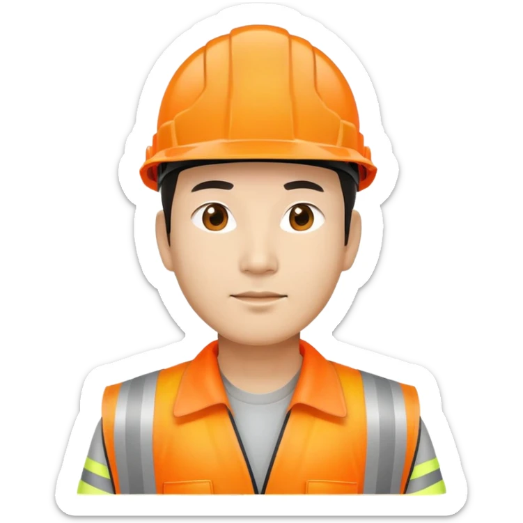 Chinese man wearing orange safety helmet and high visibility vest sticker
