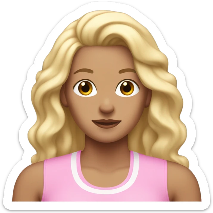 White woman, long hair, blonde hair, wavy hair, baby pink workout clothes, sweat on forehead sticker