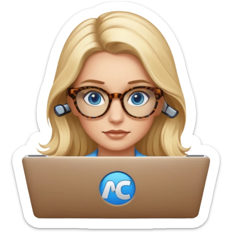  long blown out blonde hair woman blue eyes with tortoise shell print glasses on mac book  sticker