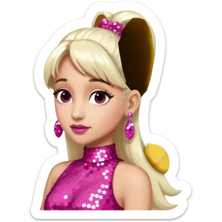 Ariana Grande with long white blonde ponytail hair, dark pink sequin dress, pink earrings sticker