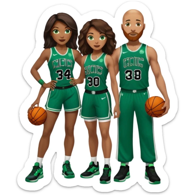 48-year-old black woman with brown eyes, long dark brown balayage hair dressed in sexy 
celtics jersey costume outfit & stilettos with bald white man with ginger beard, and he has blue eyes, wearing a Jason Tatum Boston Celtics Jersey, matching Nike sneakers  sticker