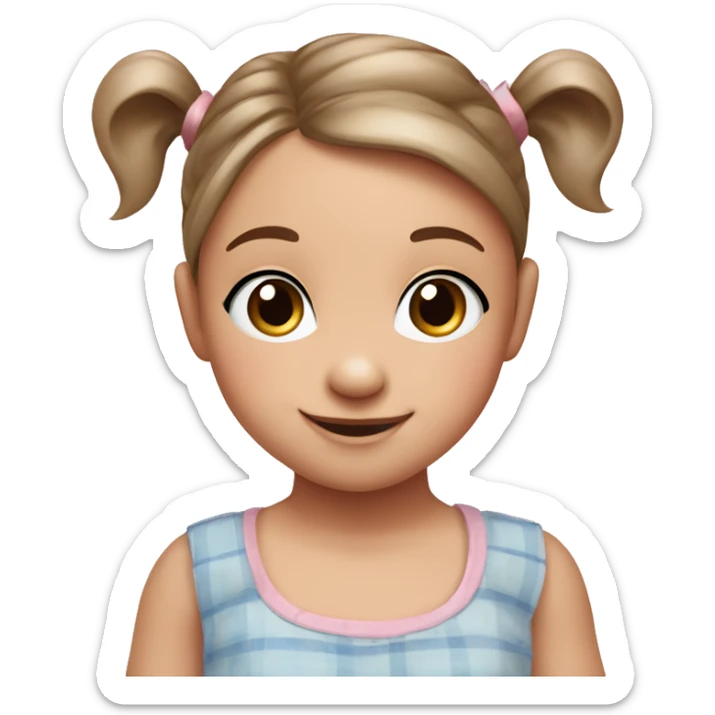 A toddler girl with 2 tiny pig tails on top of her hair with tiny bows, fair skin, blue eyes, brown hair, smiling, wearing a pastel shirt sticker