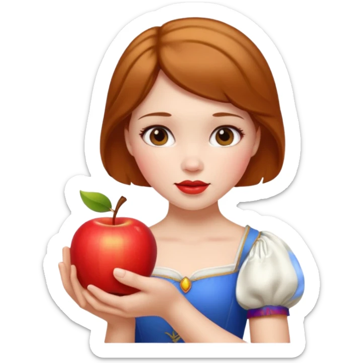 Create an emoji of Snow White holding a red apple, with short golden-brown hair. sticker