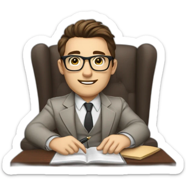 Pale skinned Fit Man With dark brown hair in gray jacket, beige office shirt, Brown pants and vintage glasses sitting In a soft chair with a notebook with emblem Ψ and a pen in his hands sticker