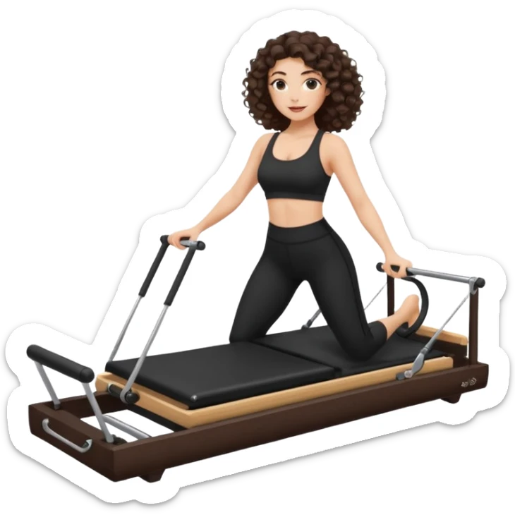 brunette,curly hair shoulder length,turkish,beautiful,with some eyelined eyes, 3b girl doing reformer pilates with black pilates cutesy set,on reformer machine,making different moves.just one person sticker