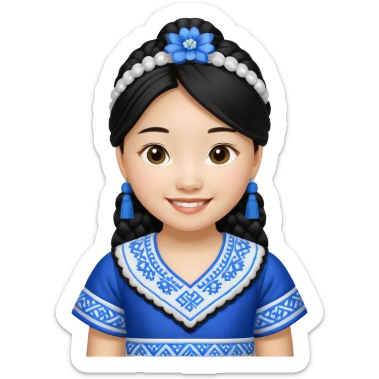 Make a hmong girl emoji in a blue, white, and black Hmong inspired dress sticker